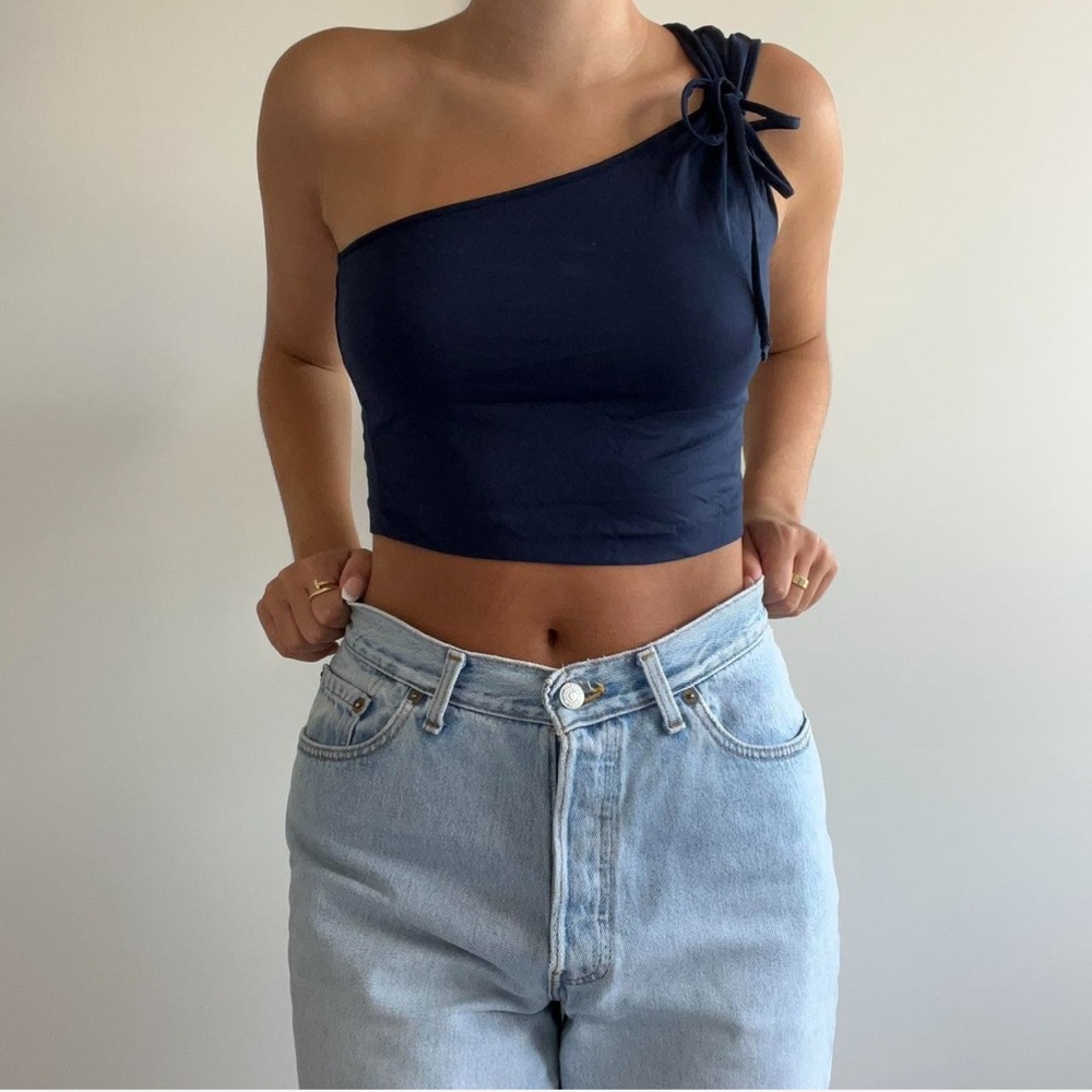 Vintage Miss Sixty Navy Blue One Shoulder Asymmetrical Tie Bow Crop Top
